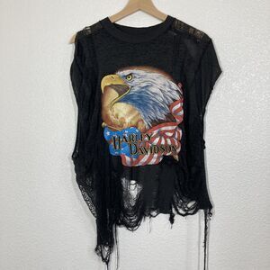 Harley-Davidson VTG Tank Top Womens XL Black Eagle Flag Fringe Distressed Sheer